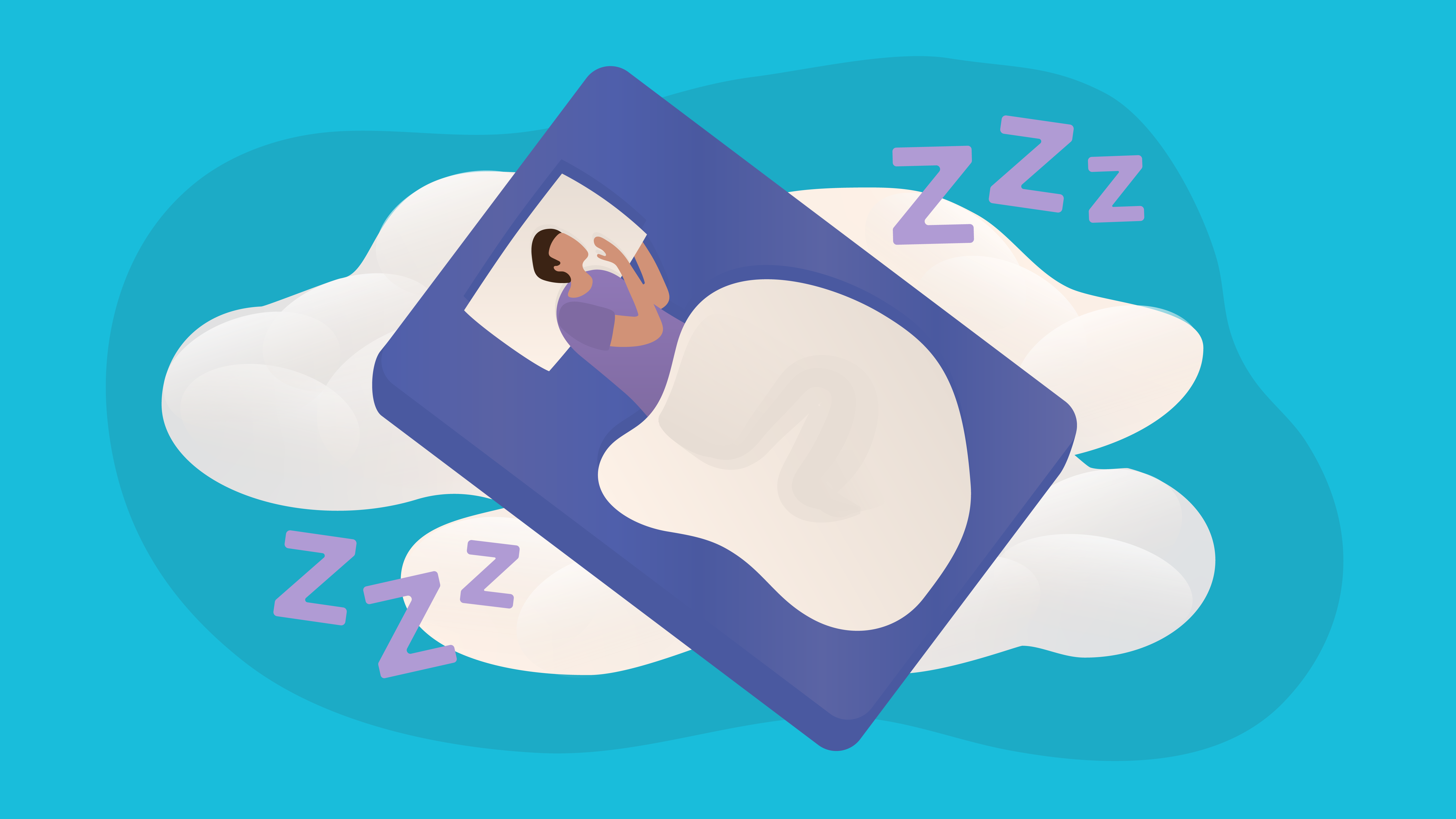 Illustration of person sleeping in a bed on floating clouds