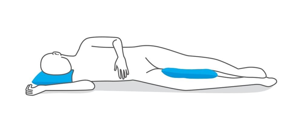 Sleeping on one side with a pillow placed between knees to protect hips, pelvis, and spine alignment.
